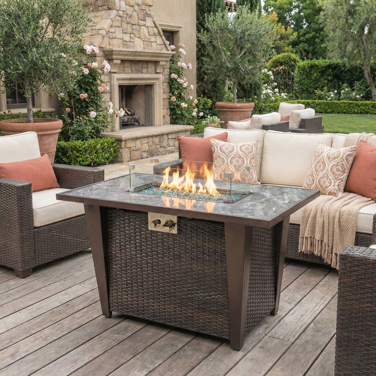 Fire Pit Table, Glass Wind Guard And Rain Cover, Lid - Brown