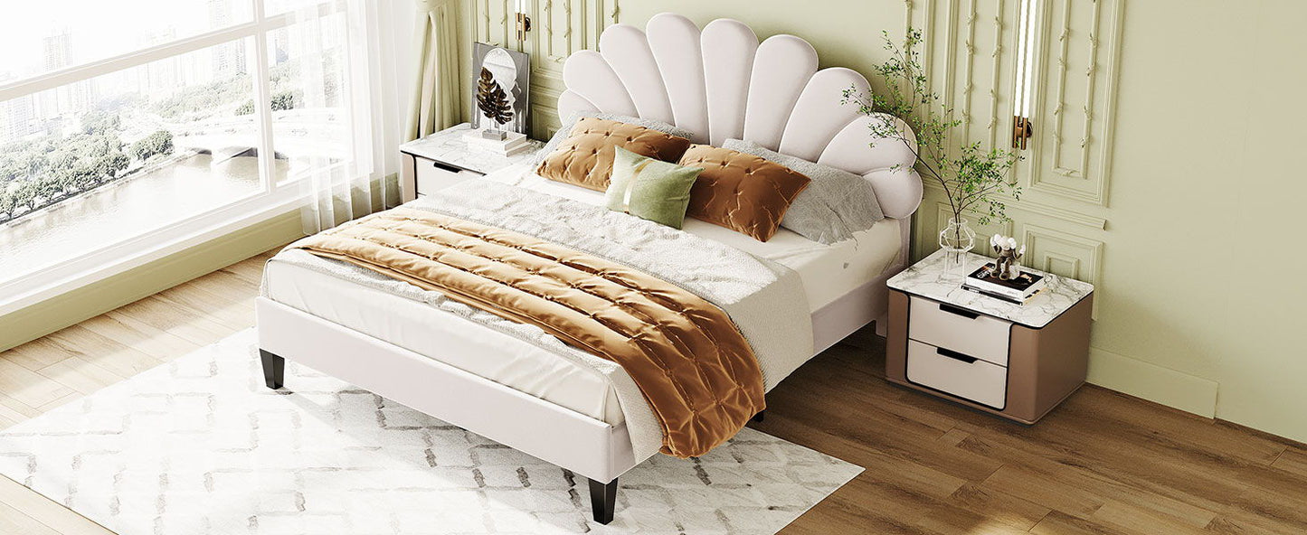 Upholstered Platform Bed With Flower Pattern Headboard