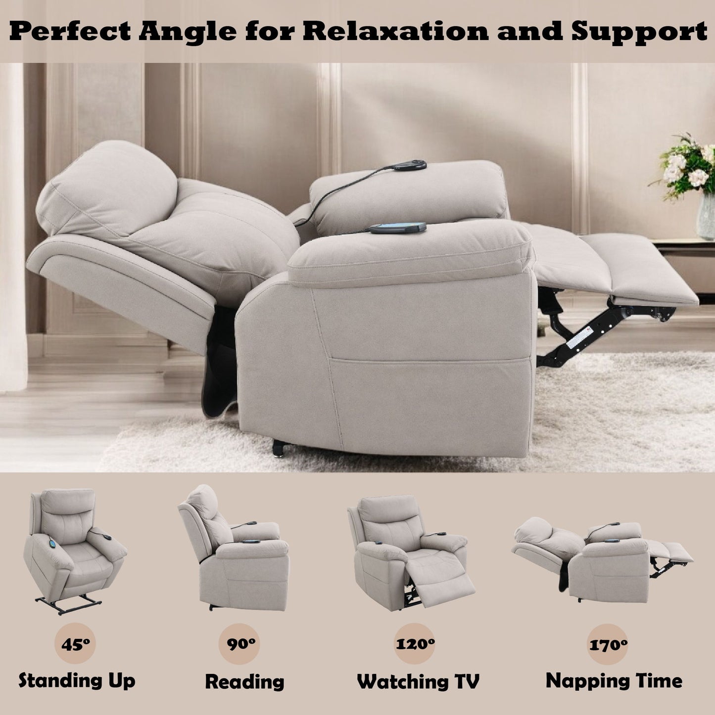 Chriki - Power Motion Recliner With Lift Heating Massage Chair - Beige