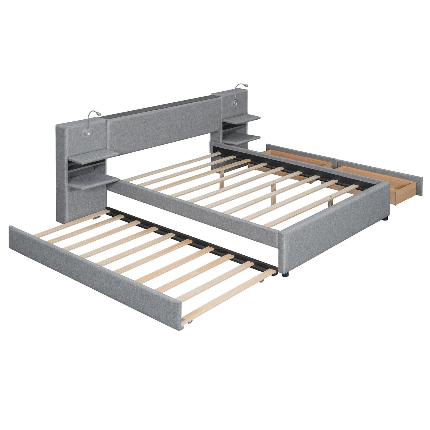 Upholstered Platform Bed With Reading Lights, Drawers, Trundle And Shelves