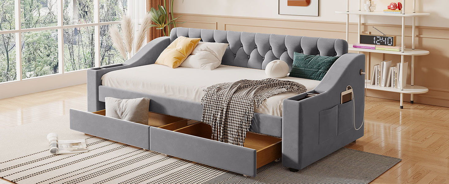 Upholstered Daybed With Storage Armrests And USB Port