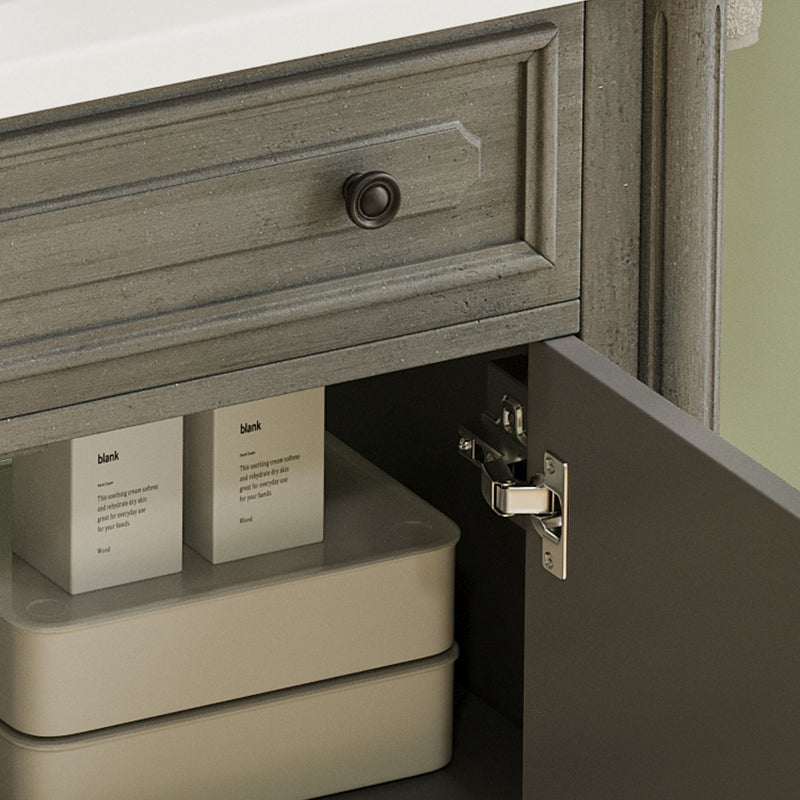 Tocador de baño vintage con lavabo, mueble rústico con puertas de cierre suave