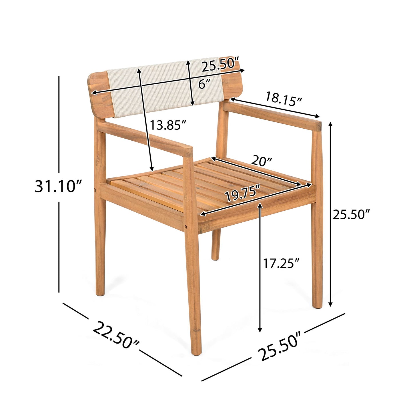 Creative Braided Acacia Wood Outdoor Dining Table And Chairs With Armrests (Set of 2) - Teak / White