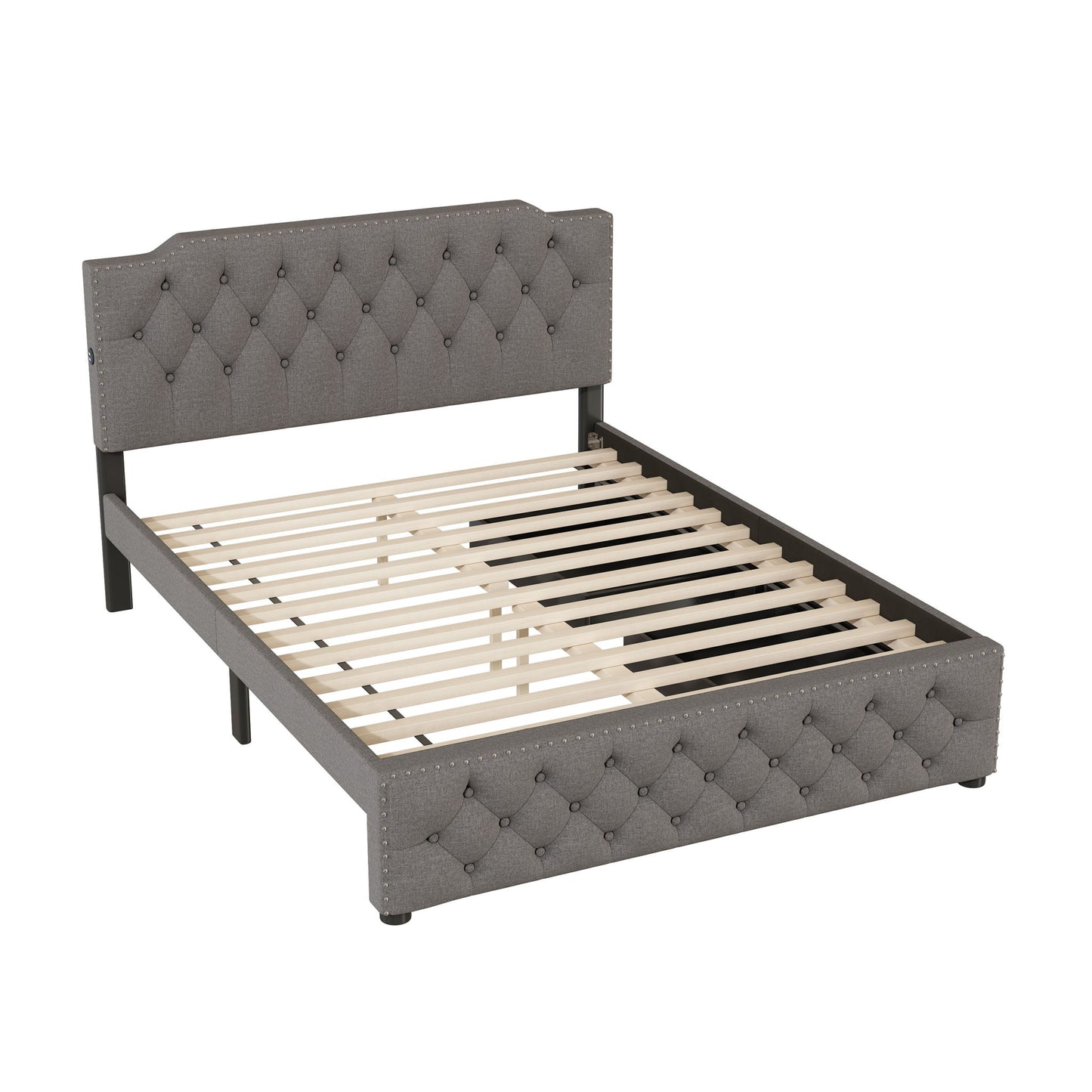 Upholstered Platform Bed With 2 Drawers And 2 Sets Of USB Ports On Each Side, Fabric