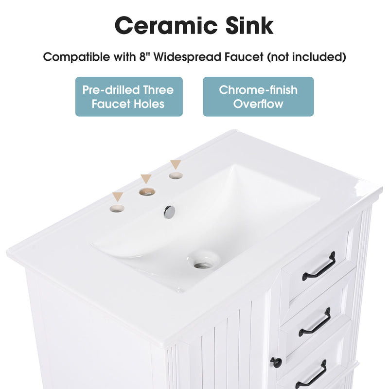 30" Bathroom Vanity With Sink, 3 Drawers, Adjustable Feet