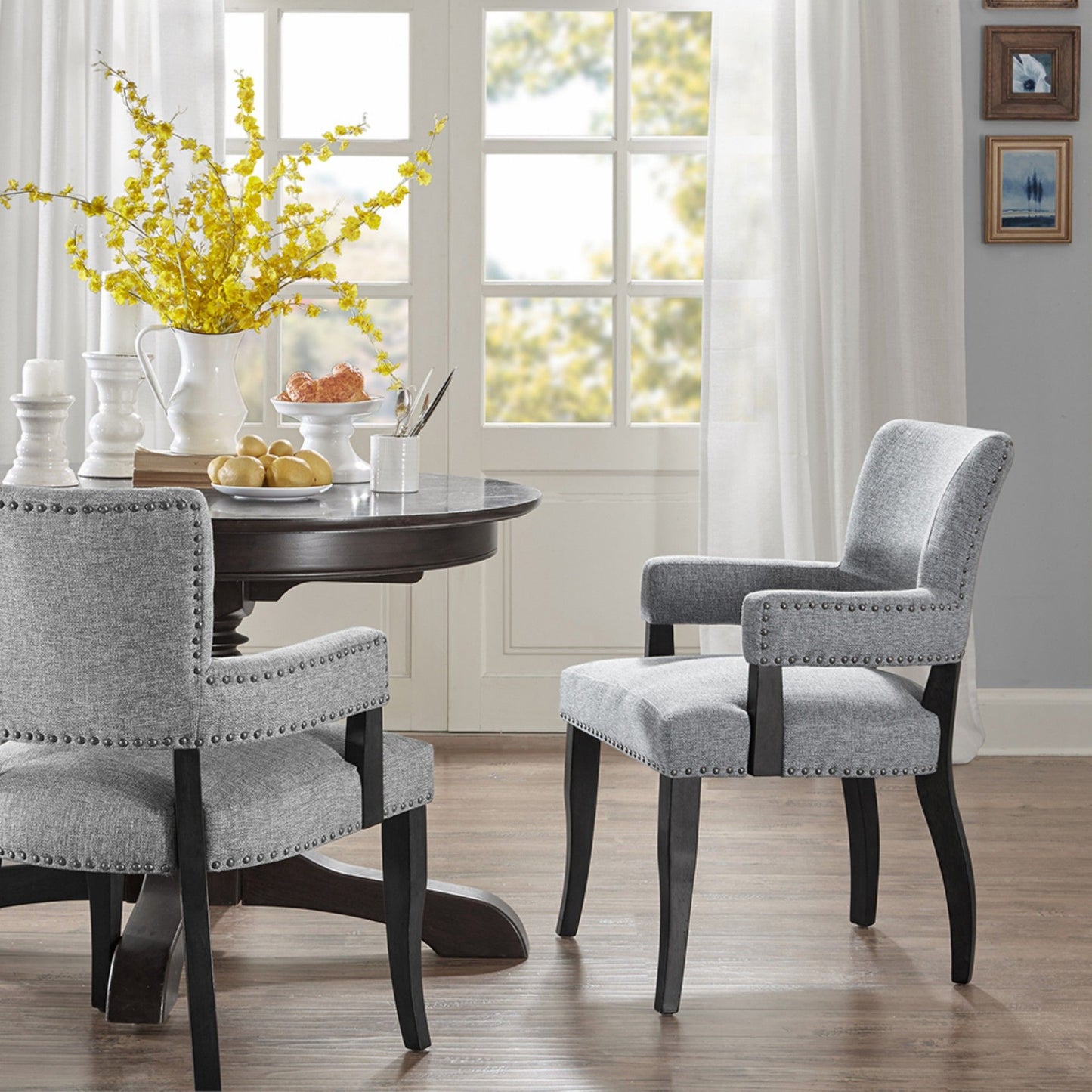 Elegant Arm Dining Chair With Brass Nail Head Detailing