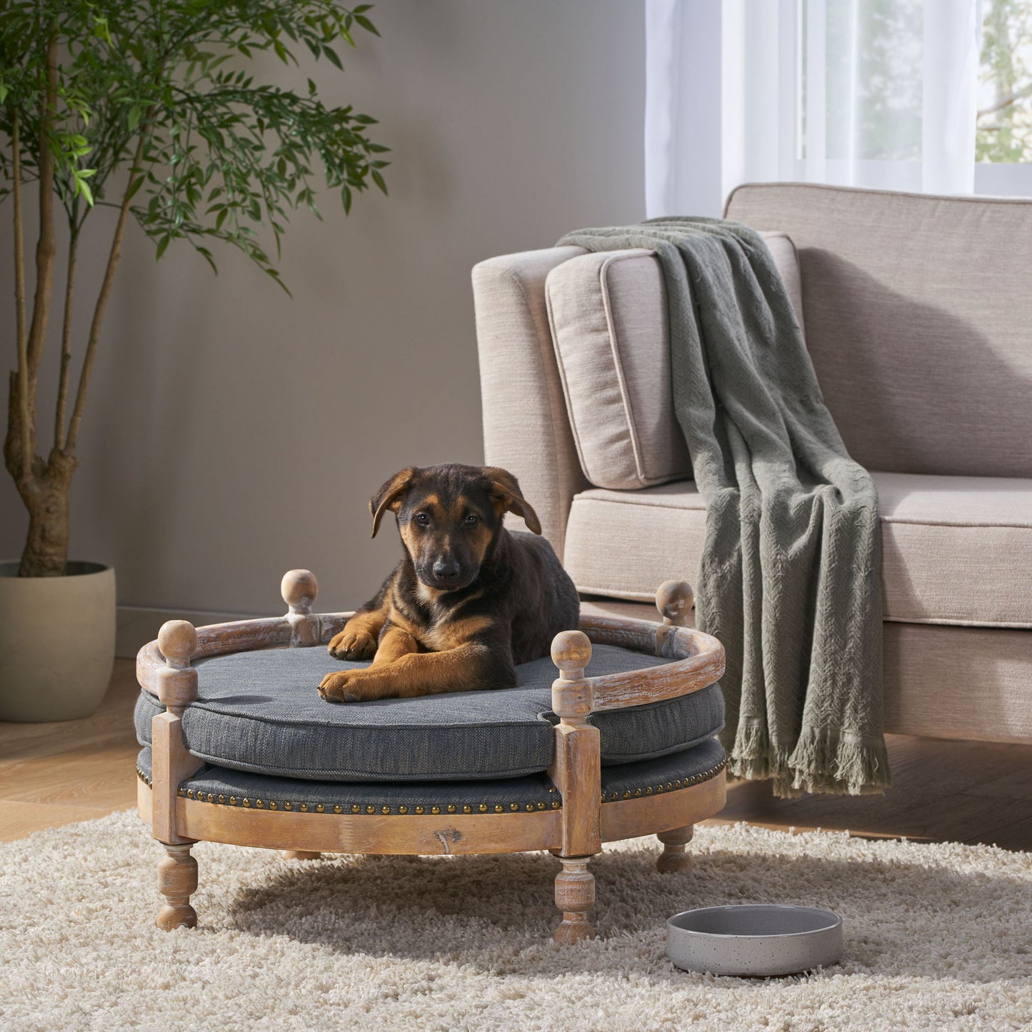 Round Pet Sofa, Wide Upholstered Pet Bed - Charcoal