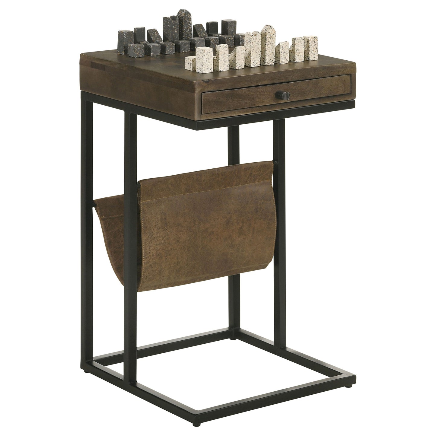 Checkmate - 1 Drawer Side Table With Carved Chess Board - Brown