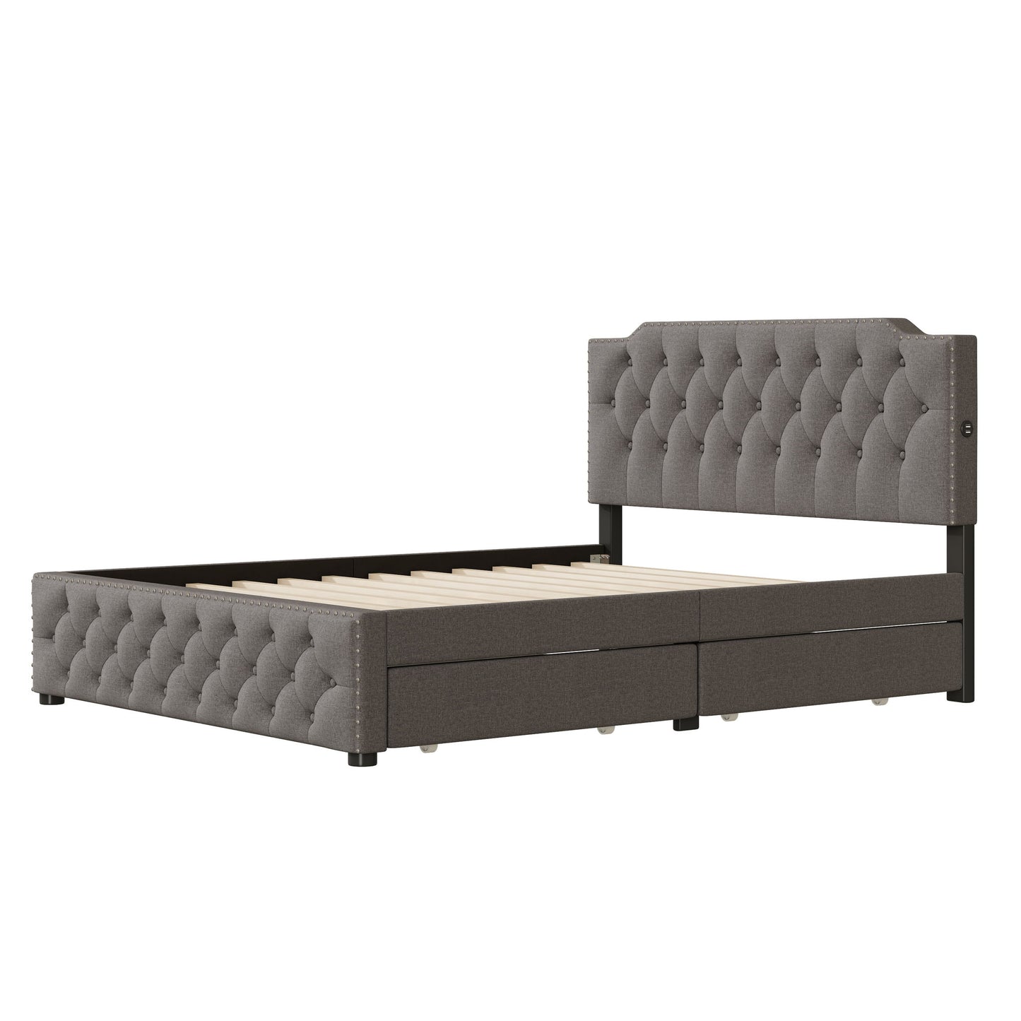 Upholstered Platform Bed With 2 Drawers And 2 Sets Of USB Ports On Each Side, Fabric