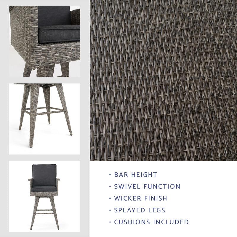 Outdoor Rattan Swivel Barstool With Water Resistant Cushion - Black / Gray