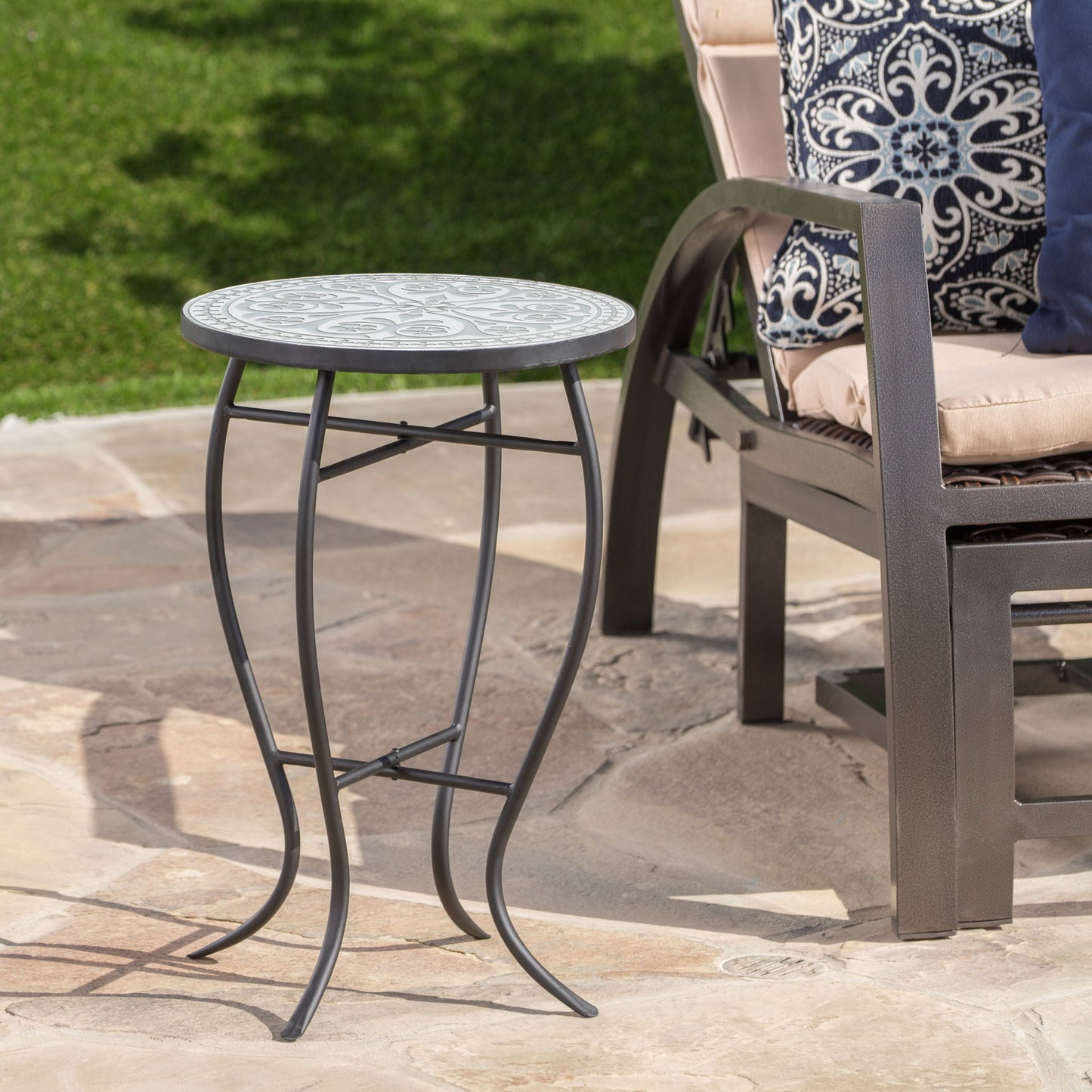 Outdoor Round Side Table With Mosaic Style Top And Curved Iron Legs