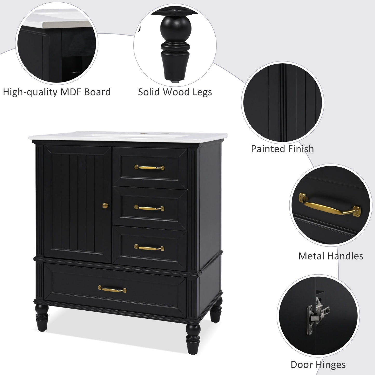 30" Bathroom Vanity With Sink, 3 Drawers, Adjustable Feet