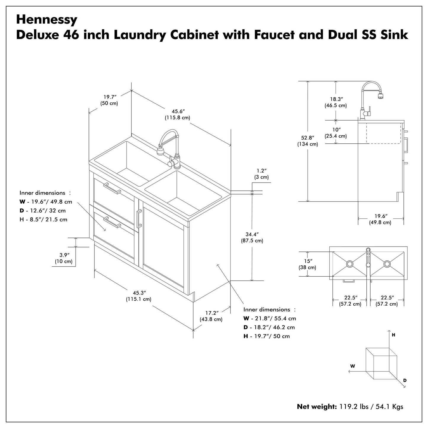 Hennessy - Laundry Utility Sink And Cabinet With Dual Sink And Pull Out Faucet - White