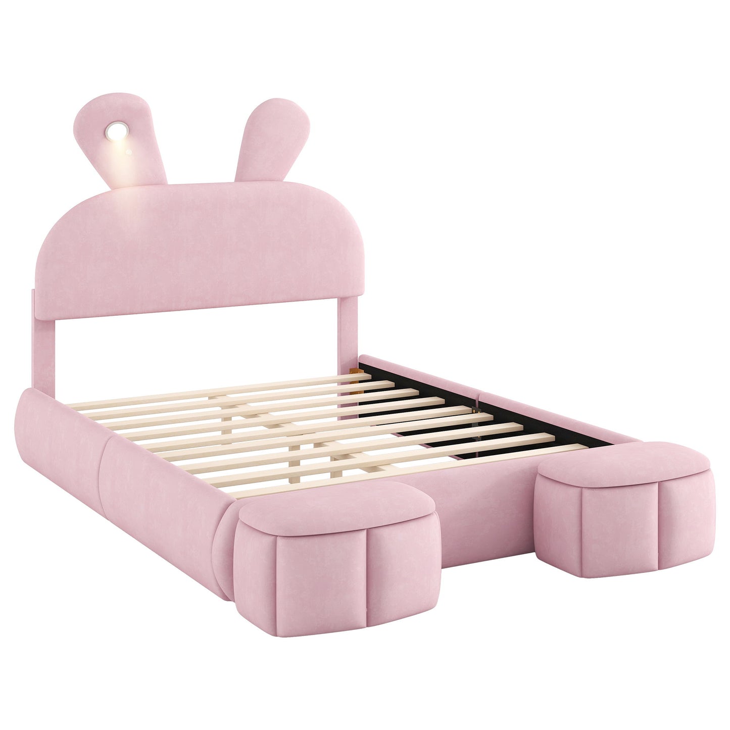 Full Upholstered Platform Bed With Cartoon Ears Headboard And LED Light - Pink
