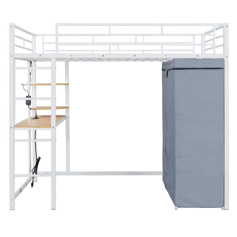 Full Size Loft Bed With Desk, Shelves, Power Outlet, LED Light And Wardrobe - White