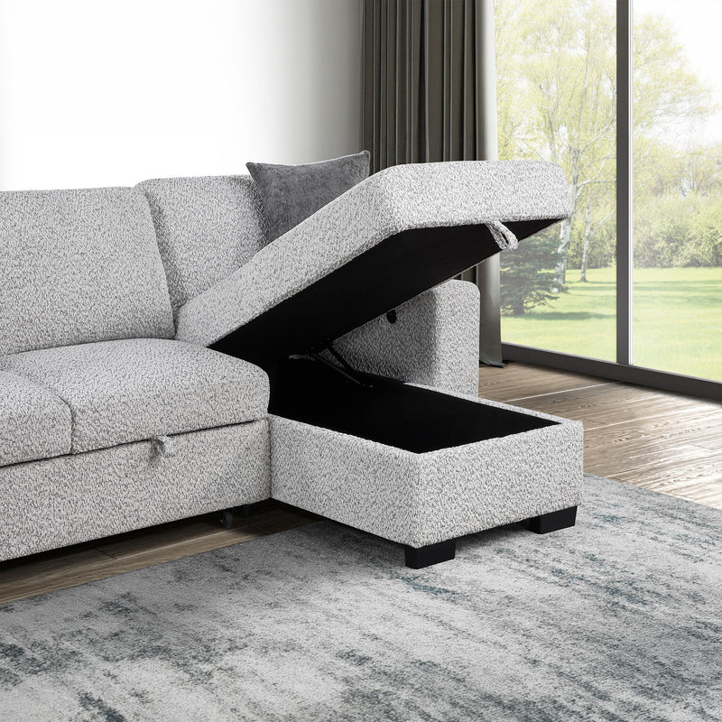 Buzz - Reversible Sleeper Sectional Sofa With Storage Chaise, Console Arm, USB Charging & Cup Holders - Gray