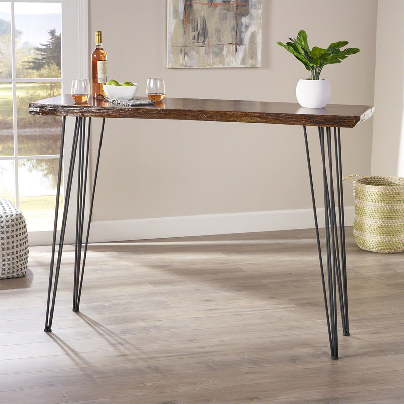 Modern Industrial Breakfast Bar Table, Metal Hairpin Legs & Wood Veneer Top - Natural