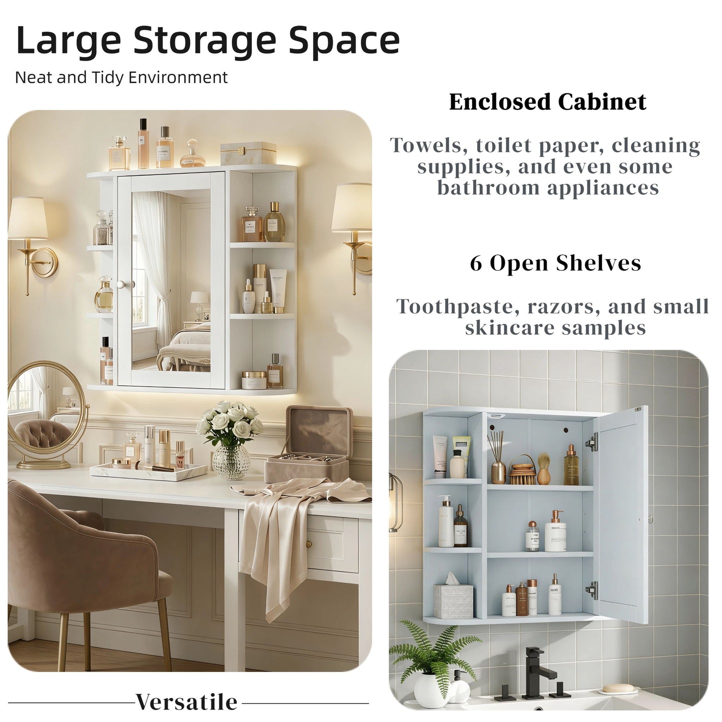 Bathroom Wall Storage Cabinet With Mirror And Adjustable Shelf, 6 Open Shelves