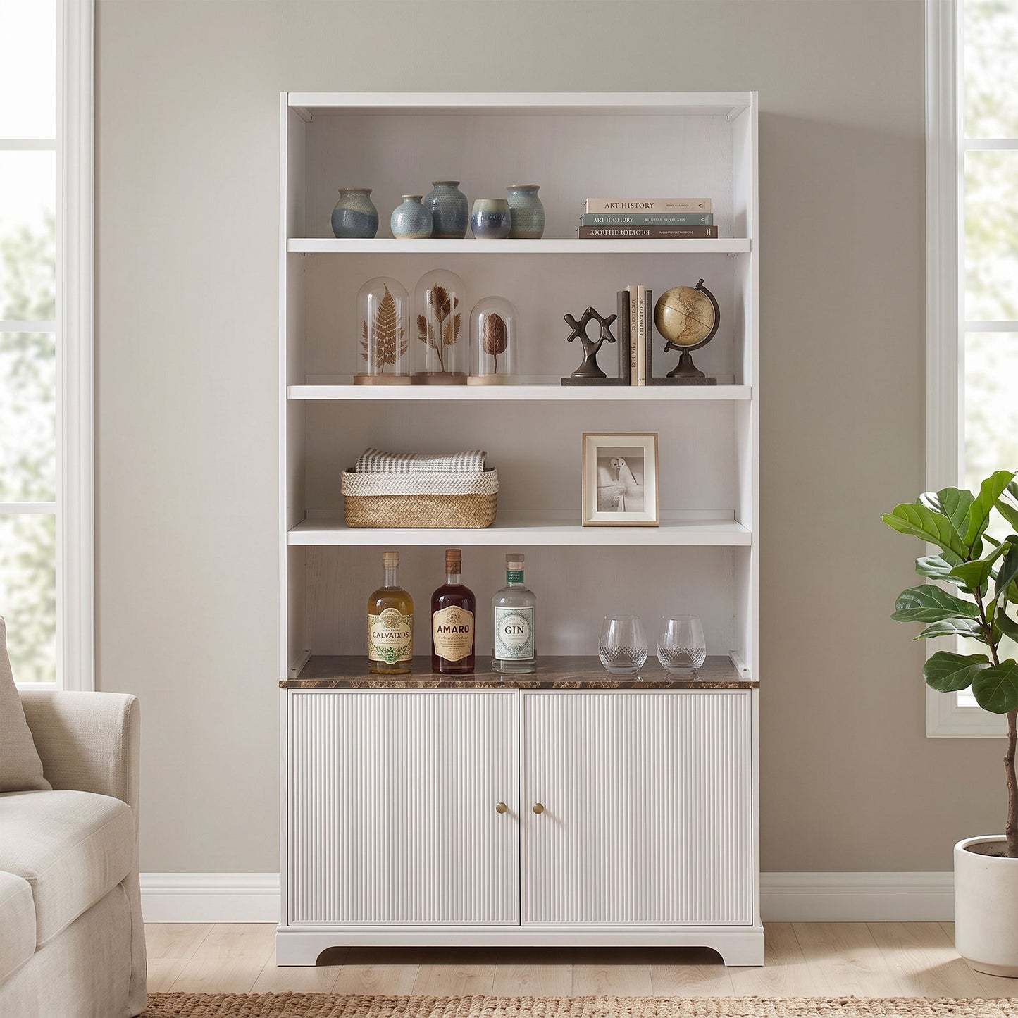 Tall Bookcase Storage Cabinet With 3 Open Shelves & Fluted Double Doors