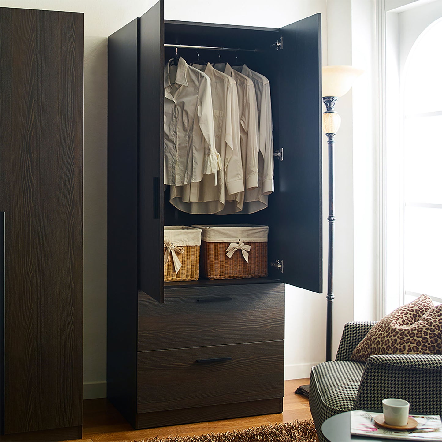 Brook - 2 Door Closet With 2 Drawers And Hanging Bars - Dark Brown