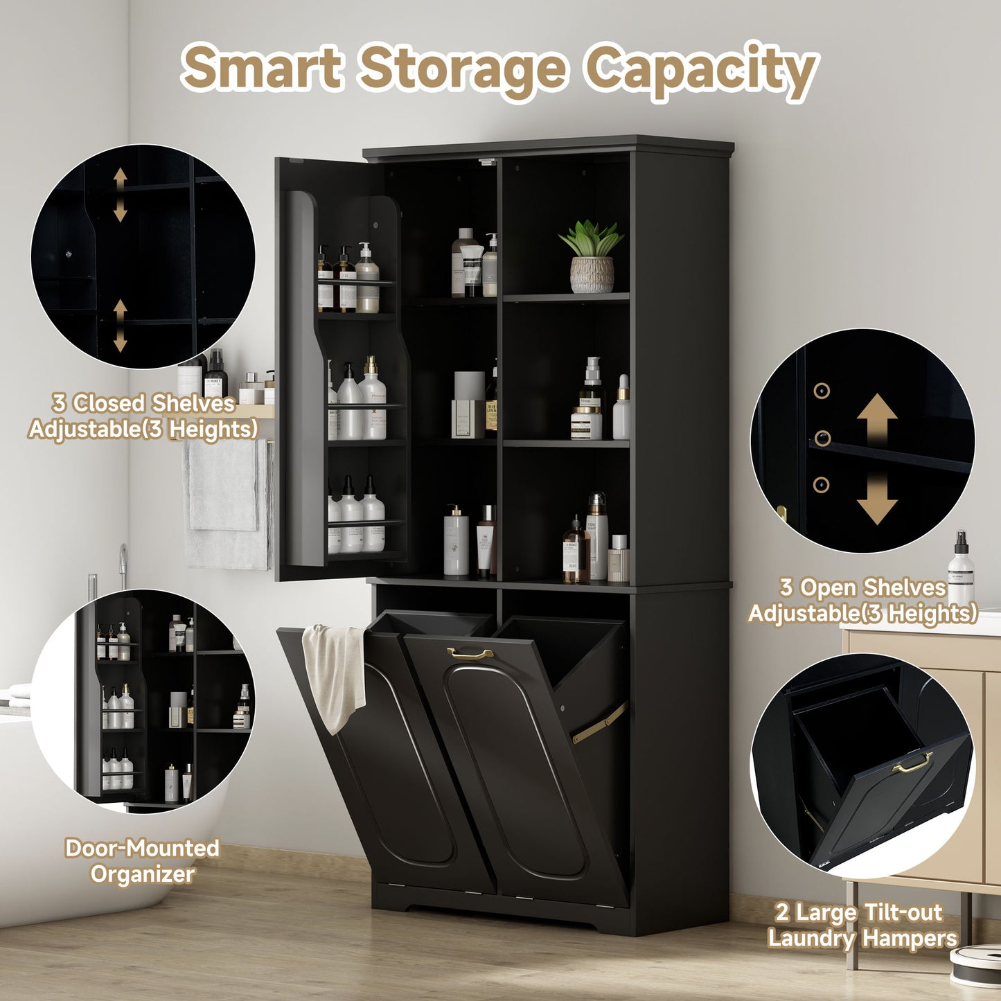 Freestanding Tall Storage Cabinet With 2 Tilt Out Hampers