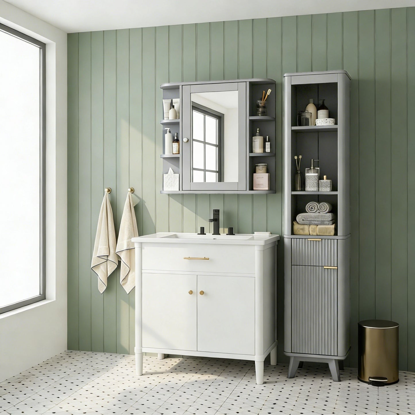 Bathroom Wall Storage Cabinet With Mirror And Adjustable Shelf, 6 Open Shelves