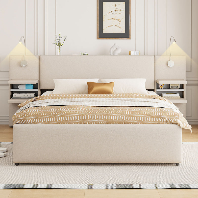 Upholstered Platform Bed With Reading Lights, Drawers, Trundle And Shelves