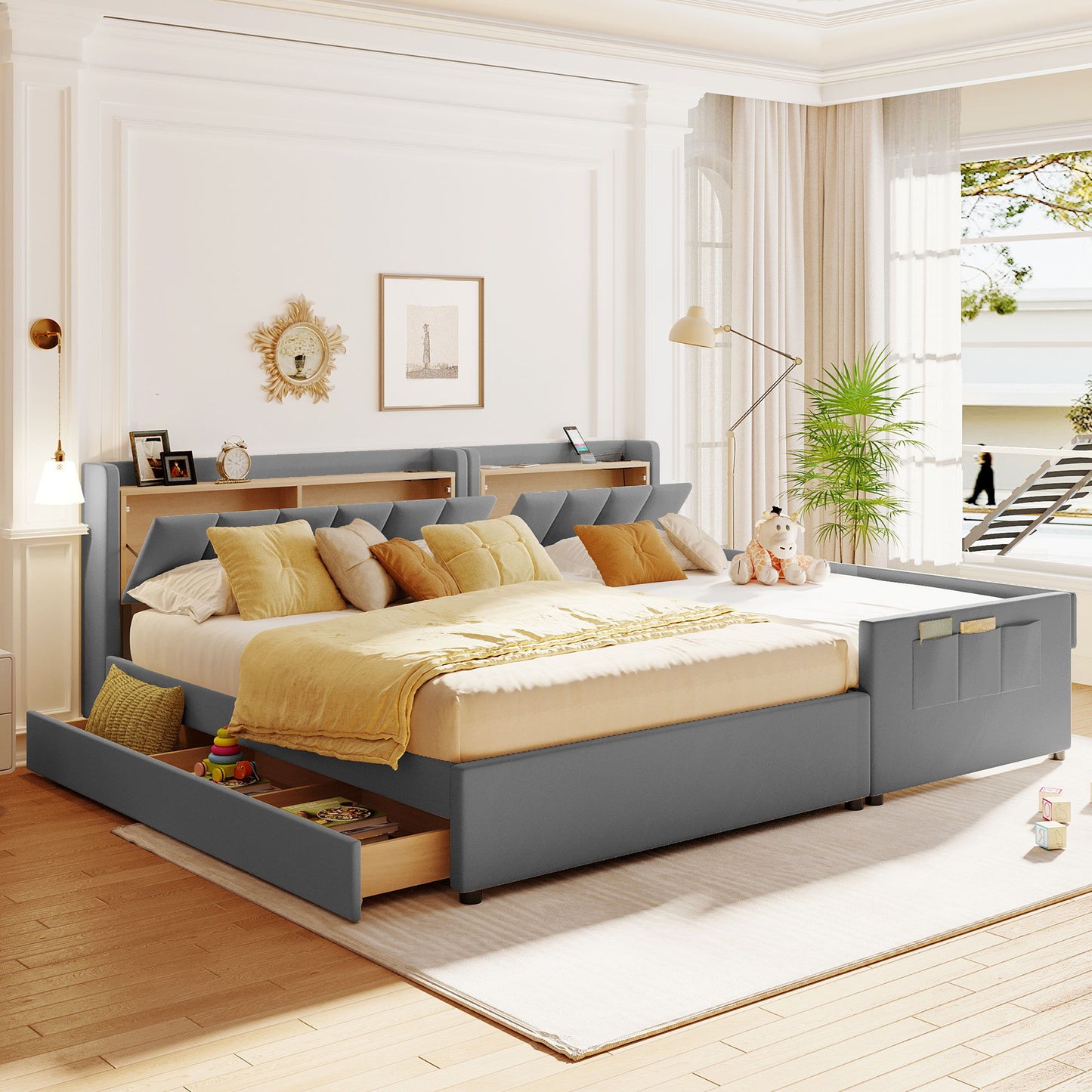 Upholstered Mother & Child Bed With Hydraulic Storage System, Drawer Box, Bedhead Storage Shelf And 2 Pairs Of Sockets & USB Ports