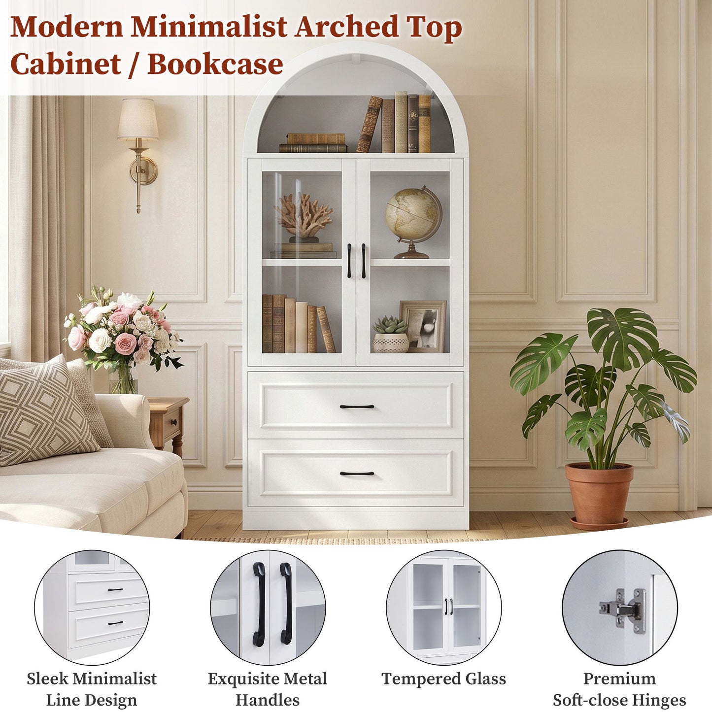 Arched Top Storage Cabinet With Fixed 2 Tier Shelves, 2 Large Drawers