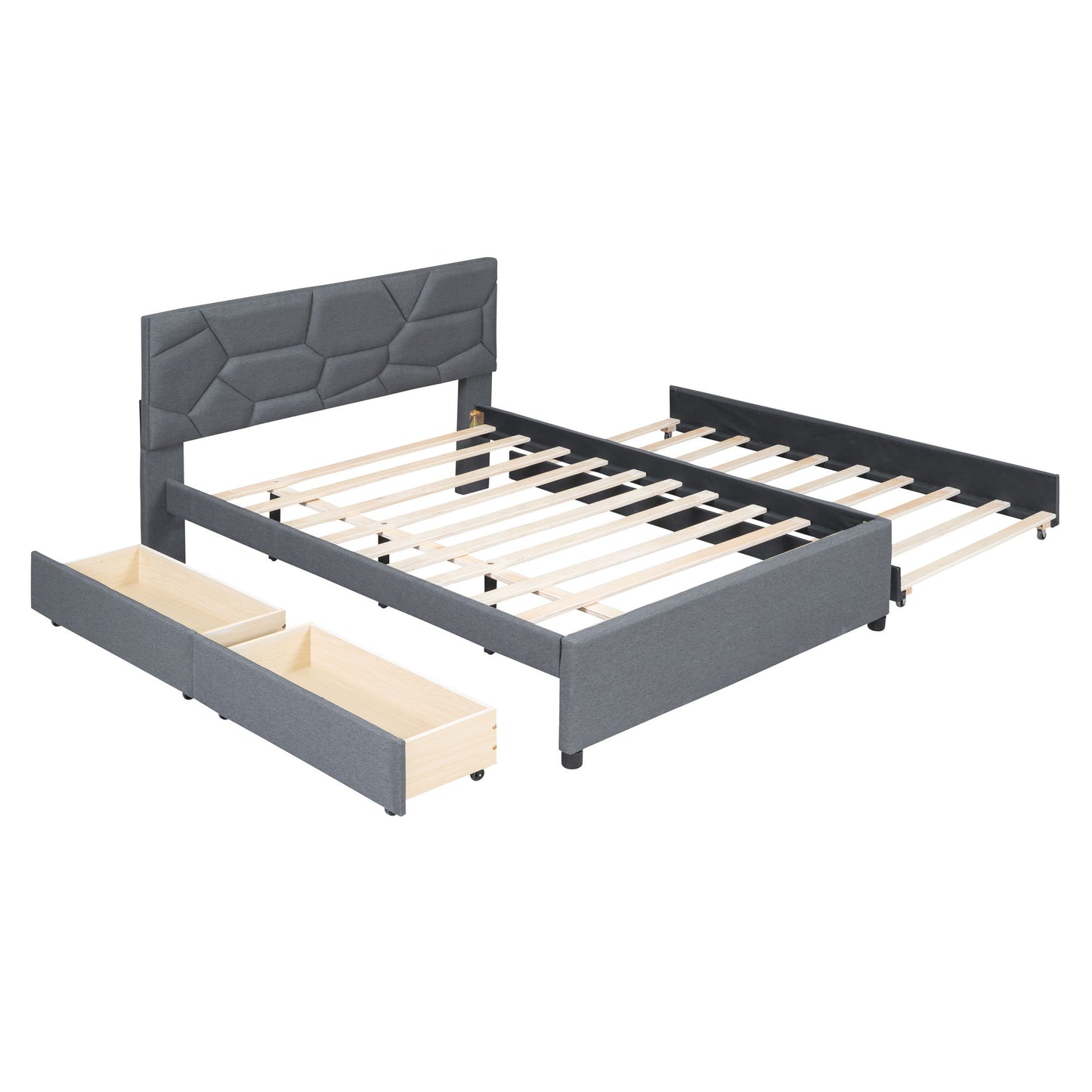 Upholstered Platform Bed With Brick Pattern Headboard And Twin Long Size Trundle