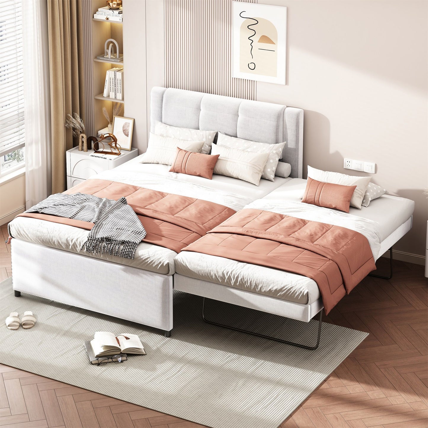 Upholstery Platform Bed With Trundle, Trundle Can Be Flat Or Erected