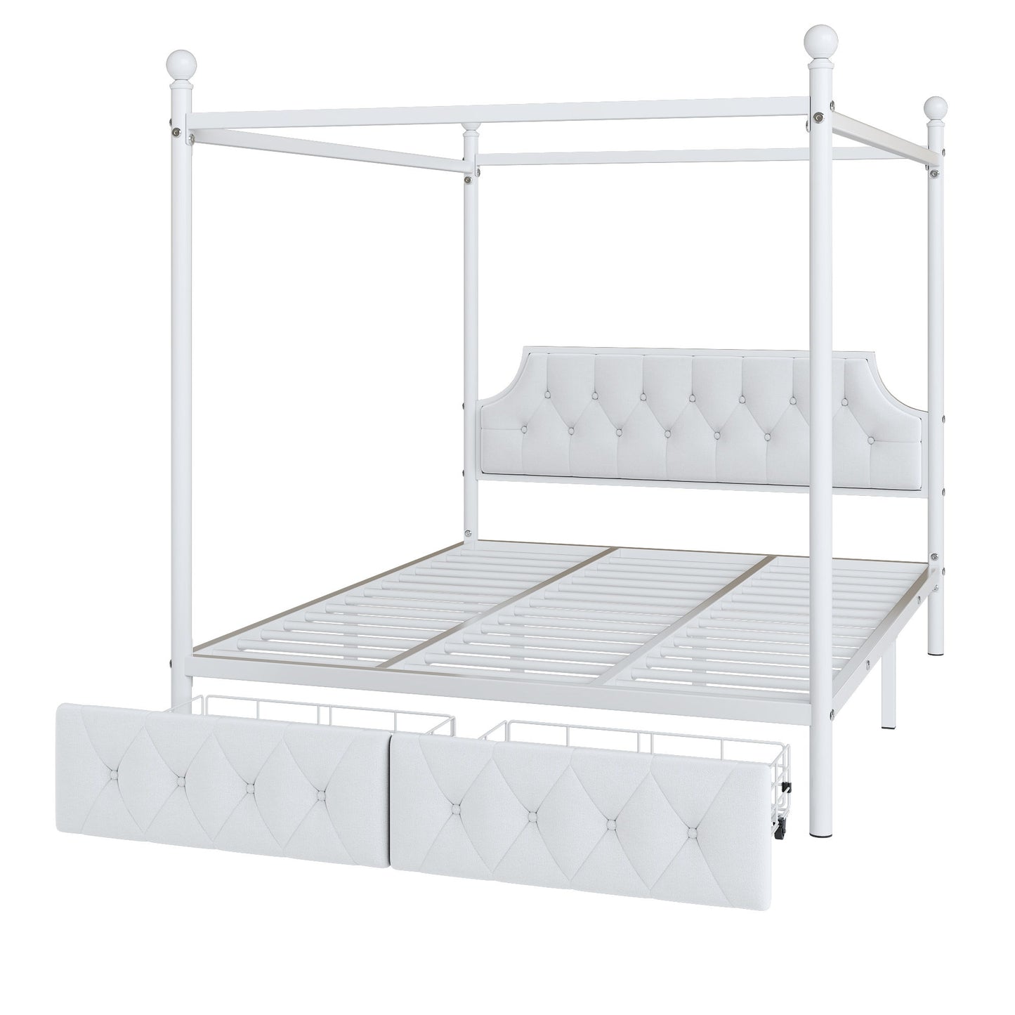 Queen Size Canopy Platform Bed With Upholstered Headboard And 2 Storage Drawers - White