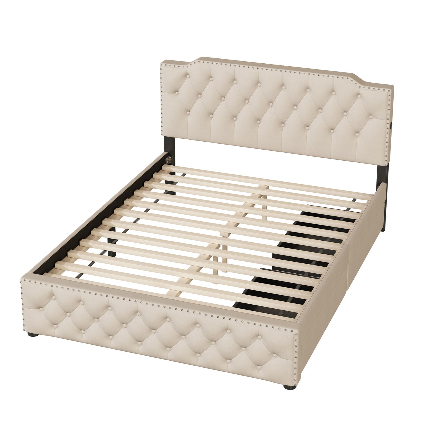Upholstered Platform Bed With 2 Drawers And 2 Sets Of USB Ports On Each Side, Fabric