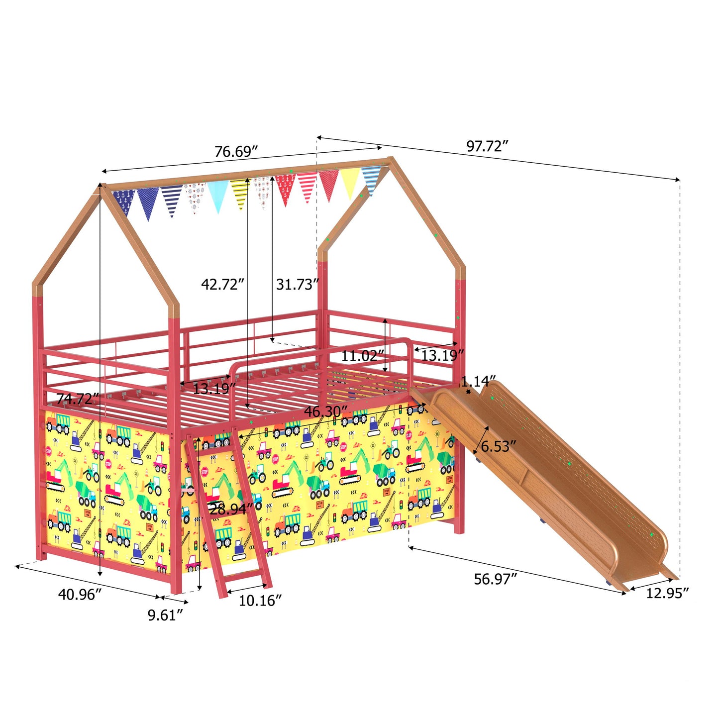 Jack - House Loft Bed With Slide And Curtain Set