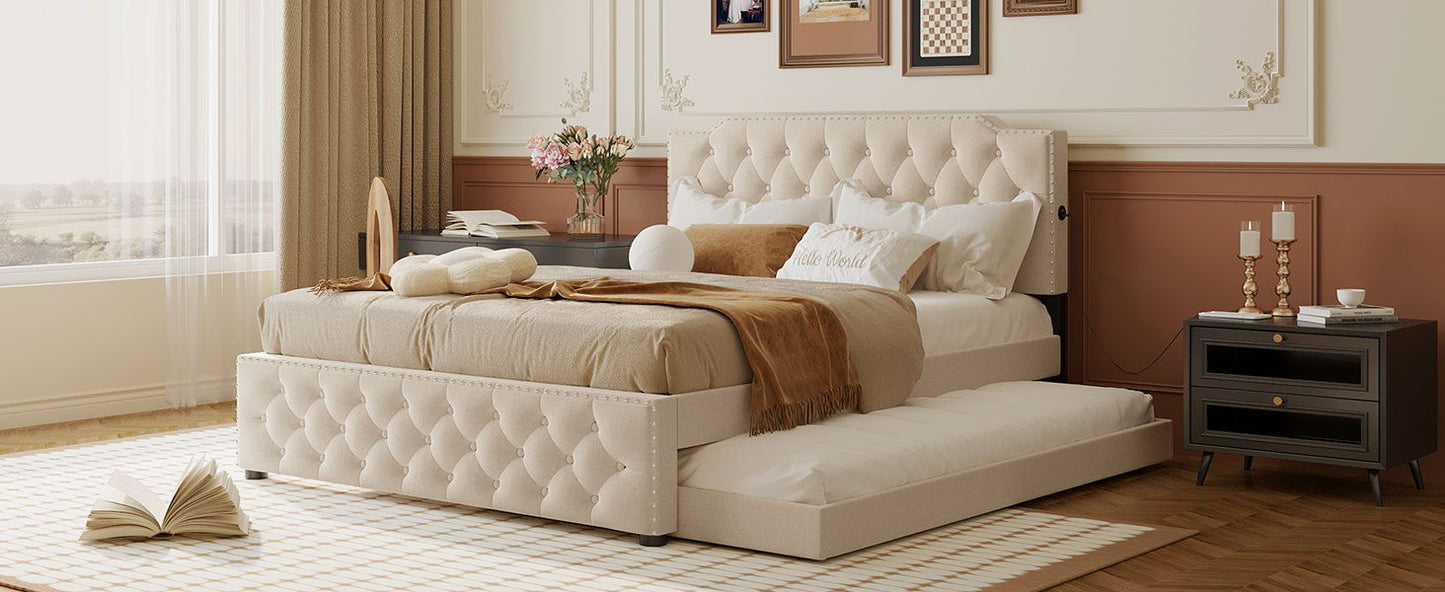 Upholstered Platform Bed With Trundle And 2 Sets Of USB Ports On Each Side, Fabric