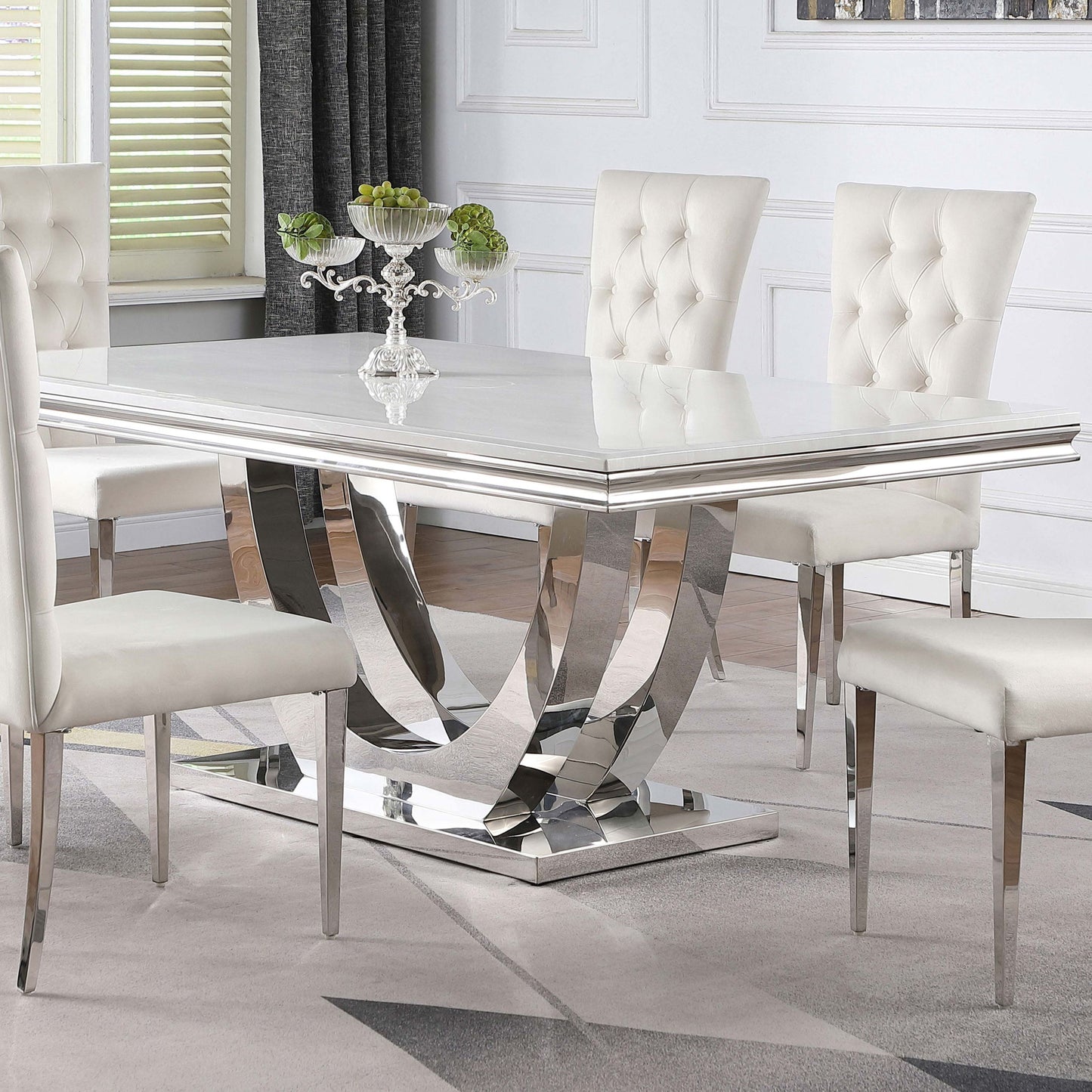 Allessandra - Rectangular U-Shaped Base Dining Table - White / Silver