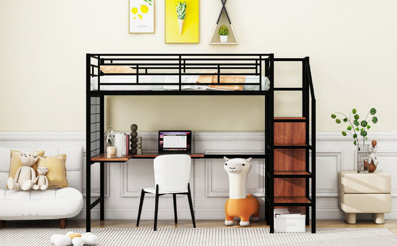Twin Size Loft Bed With Desk And Grid, Storage Ladder And Wardrobe - Black