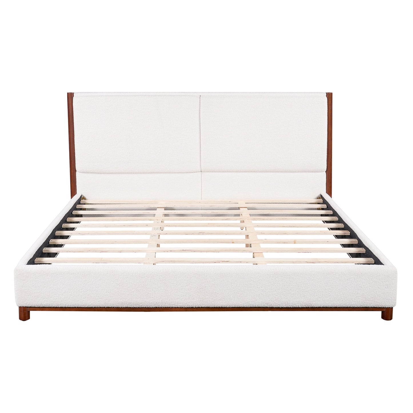 King Upholstered Bed Frame, No Box Spring Needed - Walnut / White