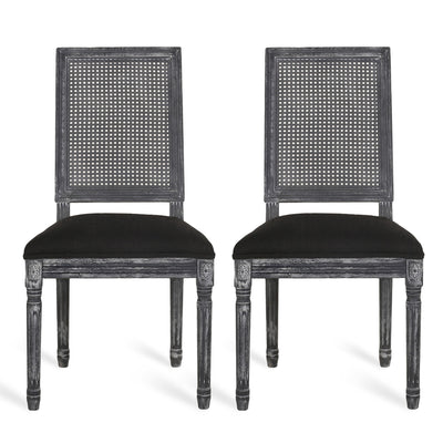 French Country Dining Chair With Rectangular Cane Backrest And Smooth Upholstered Seating