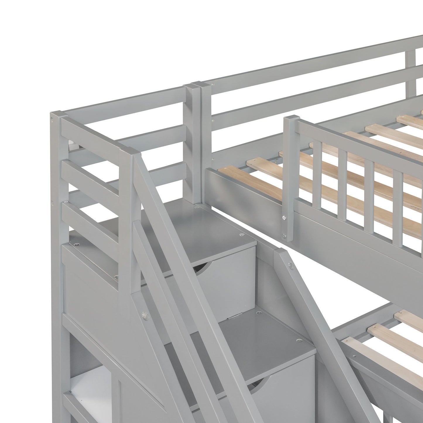 Solid L Shaped Bunk Bed With 3 Drawers, Ladder And Staircase