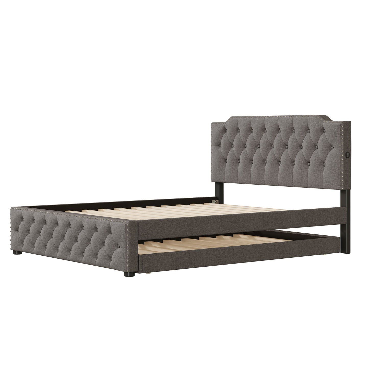Upholstered Platform Bed With Trundle And 2 Sets Of USB Ports On Each Side, Fabric
