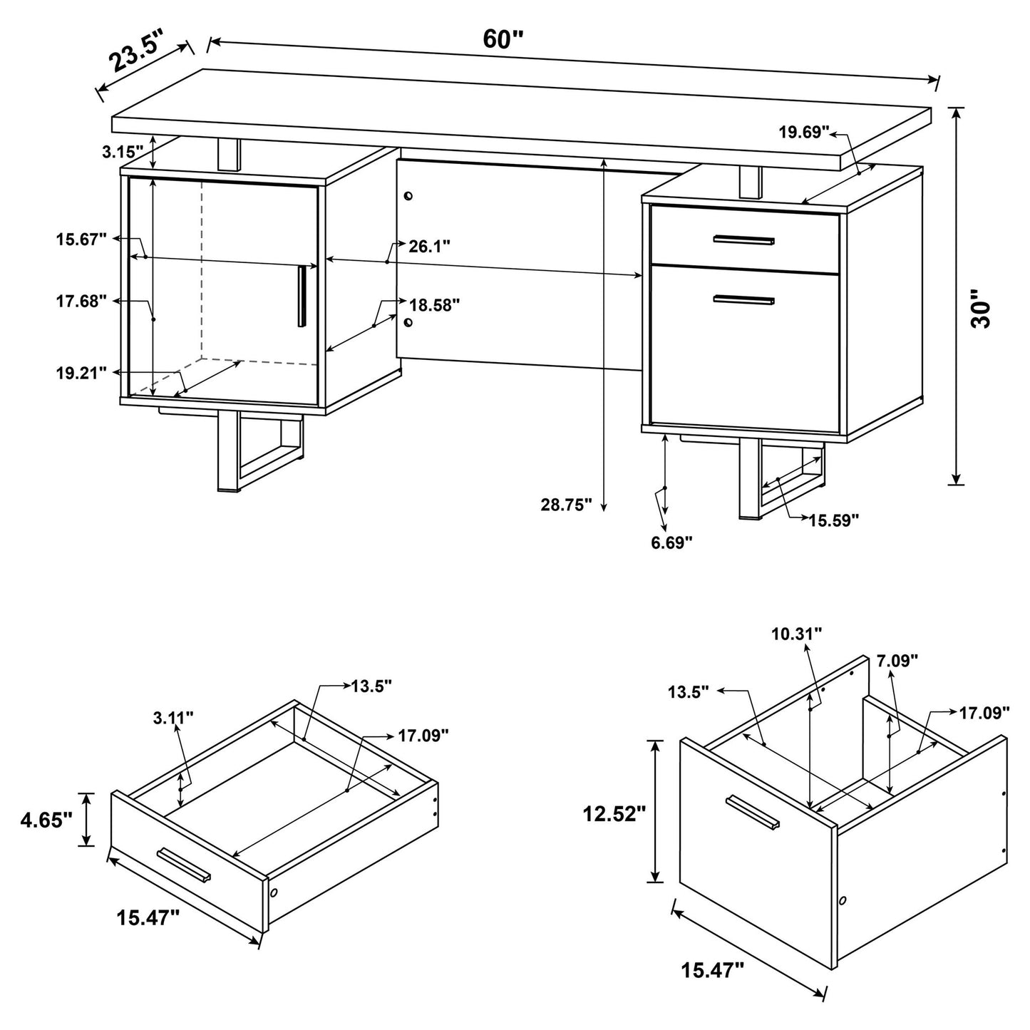 2 Drawer Floating Top Office Desk