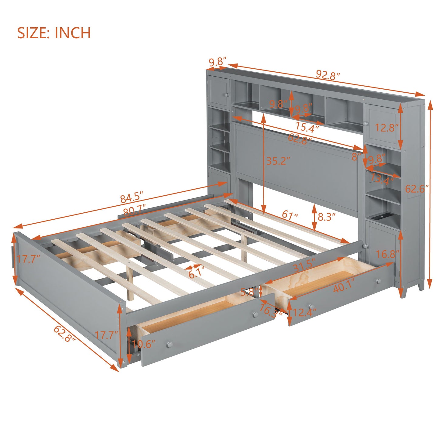 Bed With All In One Cabinet, Shelf And Sockets