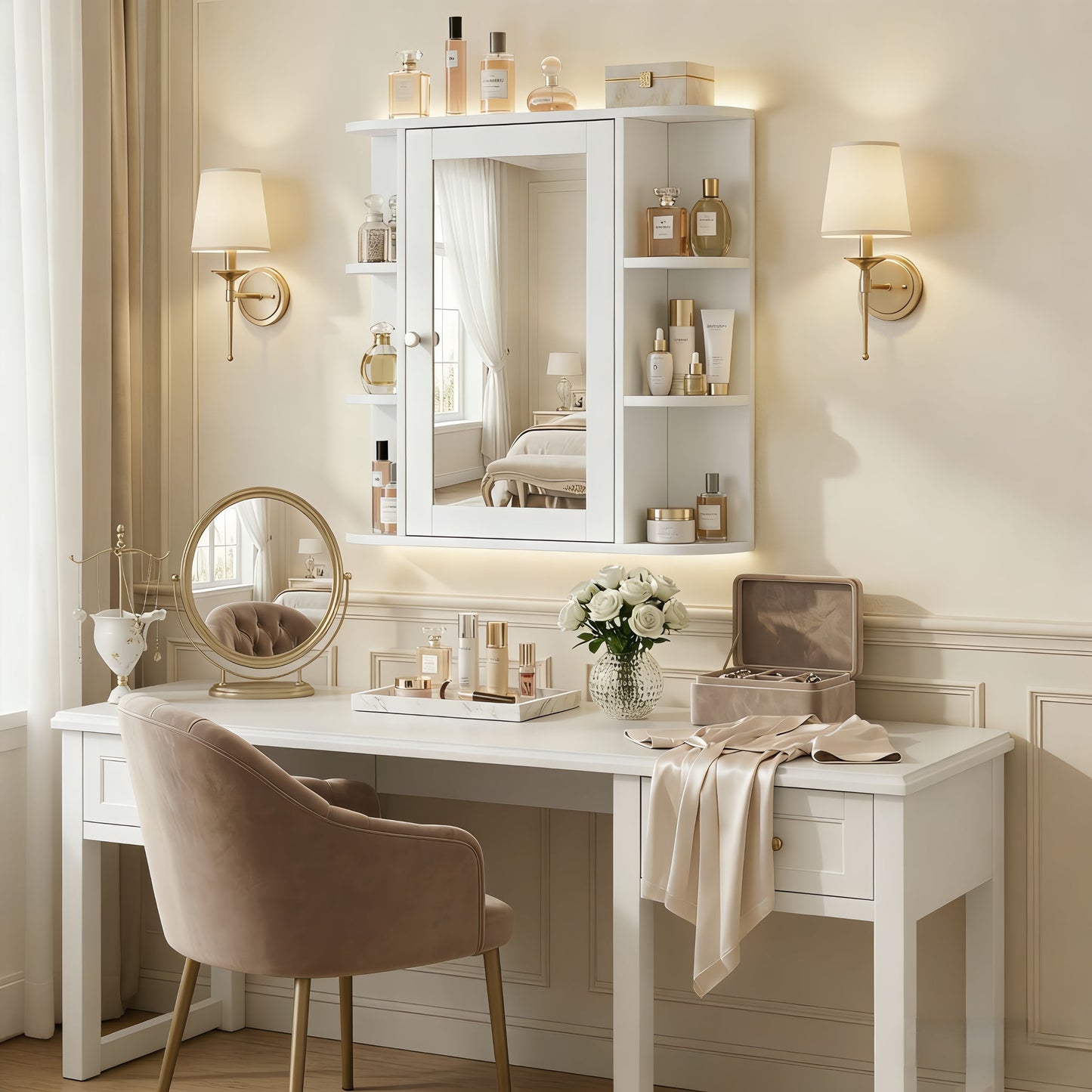 Bathroom Wall Storage Cabinet With Mirror And Adjustable Shelf, 6 Open Shelves