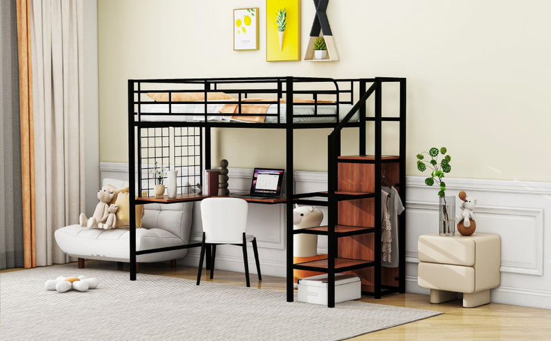 Twin Size Loft Bed With Desk And Grid, Storage Ladder And Wardrobe - Black