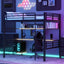 Full Size Loft Bed Frame With Storage Shelf And LED Light - Black