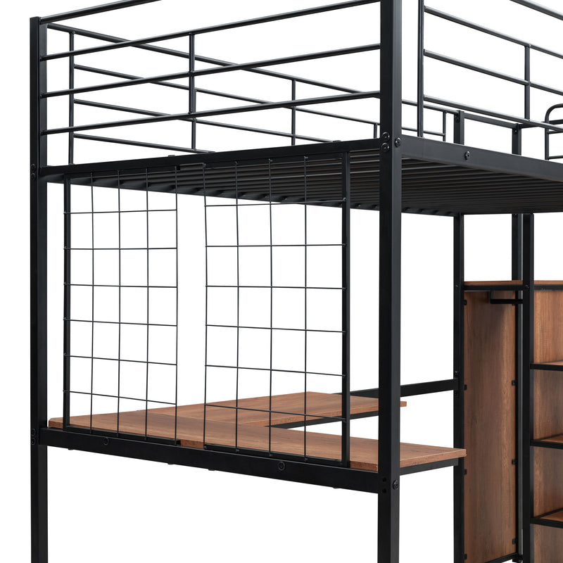 Twin Size Loft Bed With Desk And Grid, Storage Ladder And Wardrobe - Black