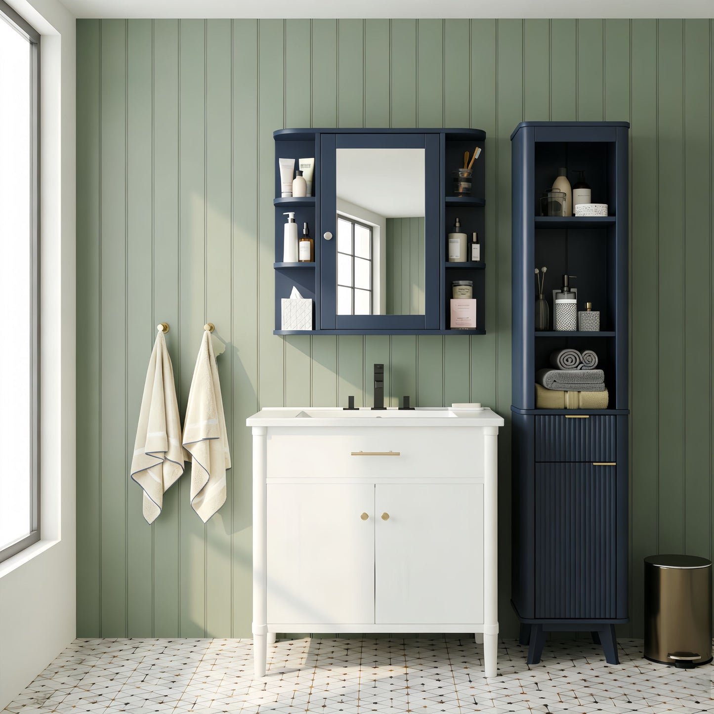 Bathroom Wall Storage Cabinet With Mirror And Adjustable Shelf, 6 Open Shelves