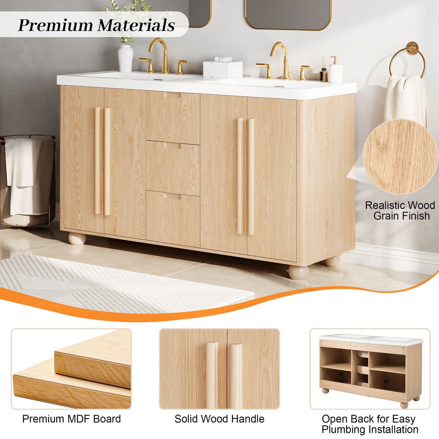 Bathroom Vanity Cabinet Only, 3 Drawers 4 Doors, Soft Close, Adjustable Shelf - Wood