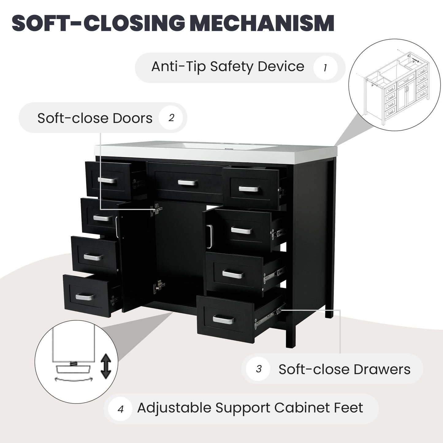 Bathroom Vanity With Sink, 2 Doors 8 Drawers, Soft Close System, Classic Design